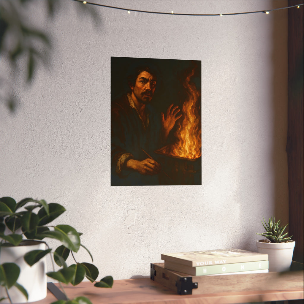 Man holding a paintbrush, his other hand raised beside tall flames. Self-Portrait with Brush and Flame by Garabaggio, fine art print hanging in a room.