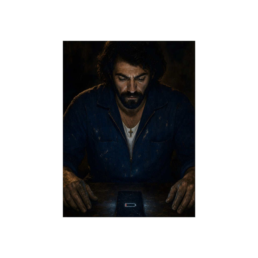 A man in a work jacket looks down at a phone showing a red low battery icon. The Calling at One Percent by Garabaggio, fine art print, 12″ x 16″.