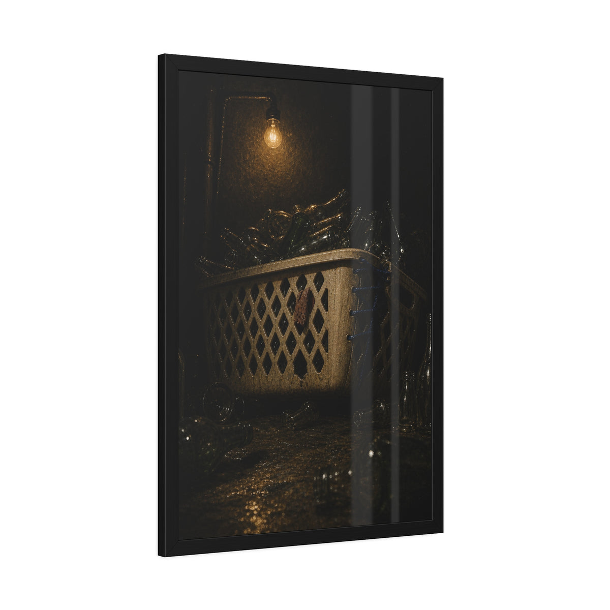 A laundry basket filled with glass bottles under a bare hanging bulb. The Second Life for Bottles by Garabaggio, framed fine art print hanging in a room.