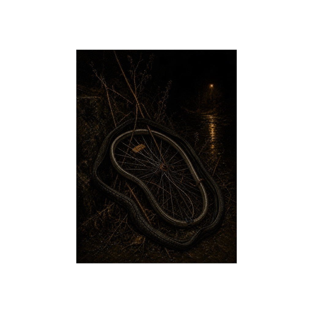A bare bicycle wheel with its tire coiled around it on wet ground. The Removal of the Tire by Garabaggio, fine art print, 12″ x 16″.