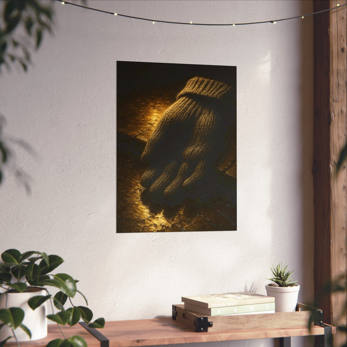 A knitted wool glove palm down on wet stone in gold light. The Presentation of the Woolen Glove by Garabaggio, fine art print hanging in a room.