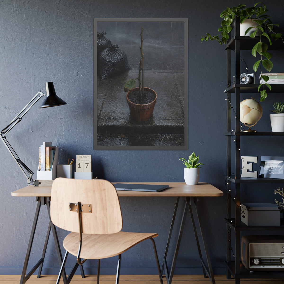 A near bare potted plant left out in the rain beside black garbage bags. The First Rain (Houseplant) by Garabaggio, framed fine art print hanging in a room.