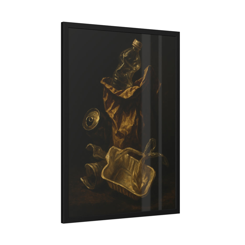 A paper bag, crushed bottle and foil tray lit against deep darkness. Reliquary of the Takeout by Garabaggio, framed fine art print hanging in a room.