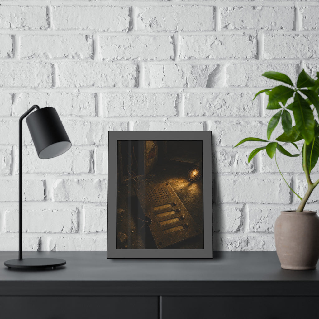 An intercom panel face up on a floor, wires cut, lit by a work lamp. The Plate Taken Down by Garabaggio, framed fine art print hanging in a room.