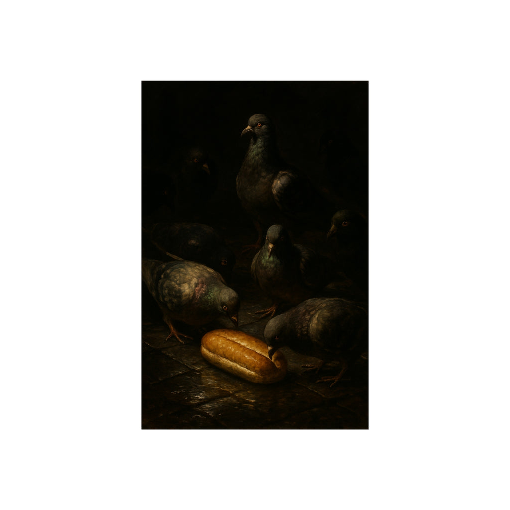 Pigeons crowding around a bread roll on dark stone paving. The Congregation at the Bun by Garabaggio, fine art print hanging in a room.