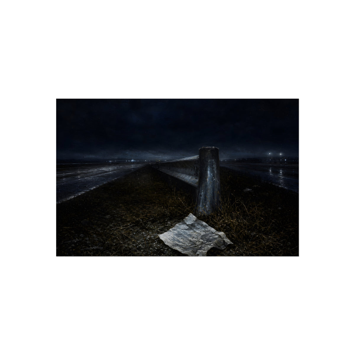 A sheet of paper on a grassy highway median beside a concrete post at night. The Resume on the Median by Garabaggio, fine art print, 40″ x 26″.