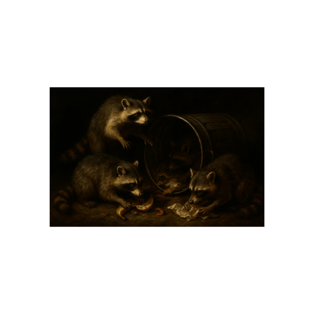 Raccoons at a tipped metal pail, one gnawing a melon rind in the dark. The Supper at the Alleyway by Garabaggio, fine art print hanging in a room.