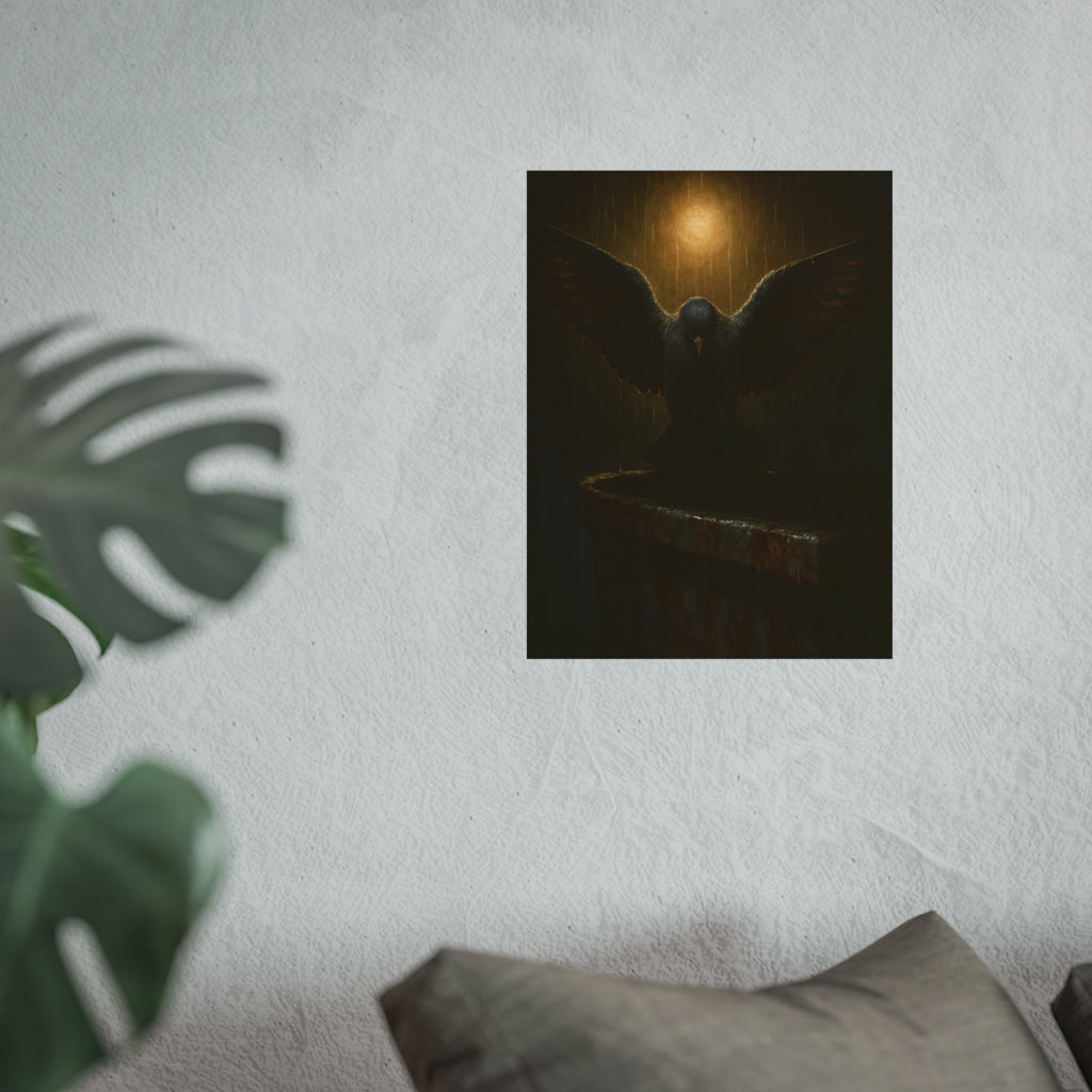 A pigeon with wings spread on a dumpster rim under a lamp in the rain. The Passion (Study in Rain) by Garabaggio, fine art print hanging in a room.