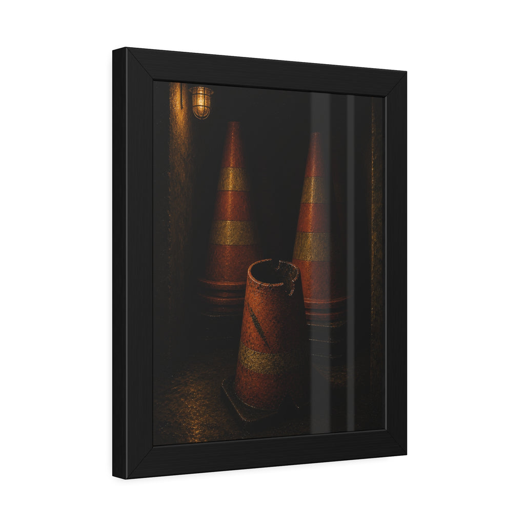 Stacked traffic cones behind a crushed one under a caged wall lamp. The Multiplication of Cones by Garabaggio, framed fine art print hanging in a room.