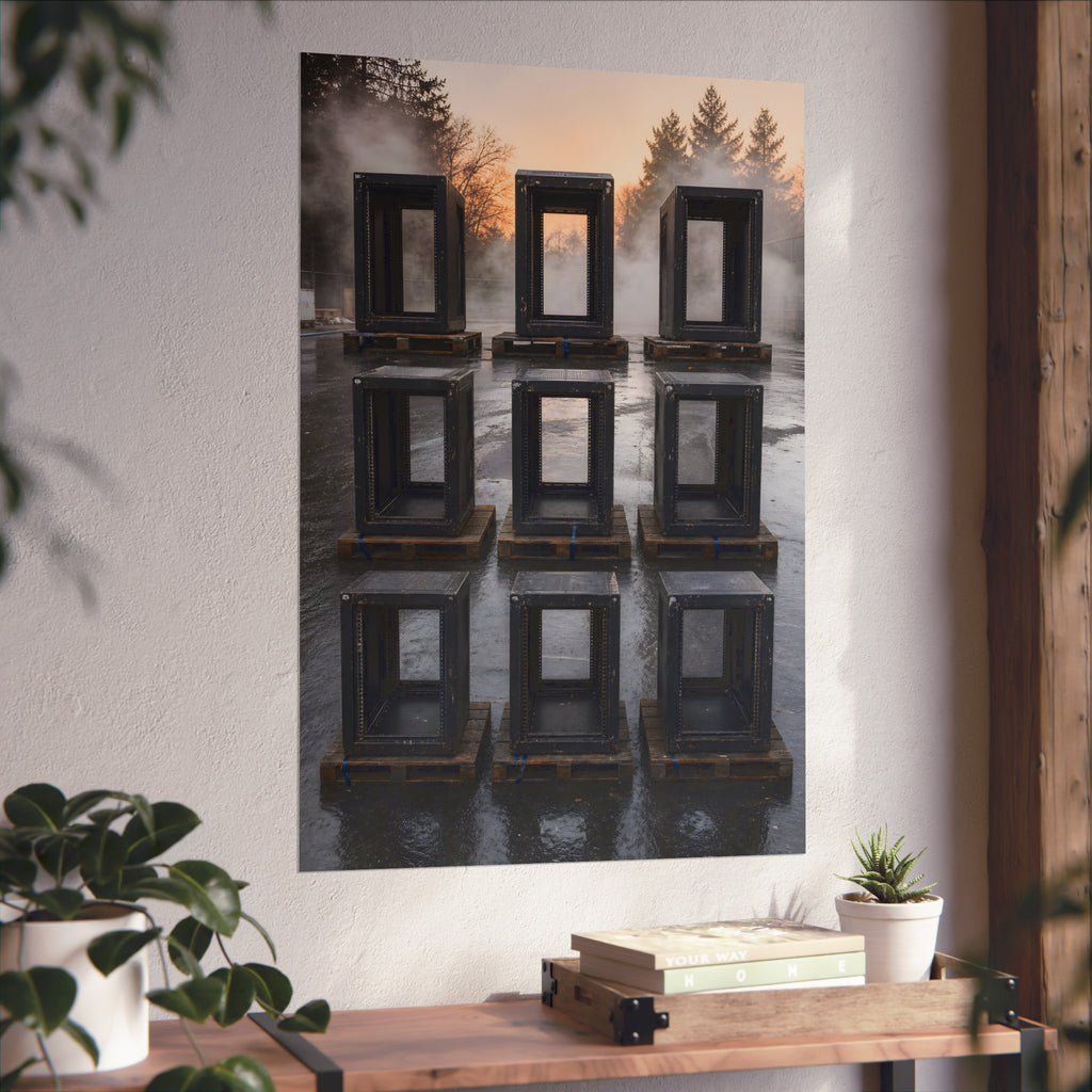 Nine empty black server racks on pallets in a wet lot at dawn. The Racks in the Morning Lot by Garabaggio, fine art print hanging in a room.