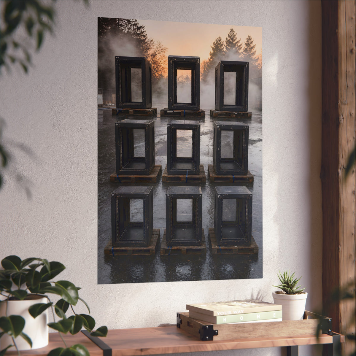 Nine empty black server racks on pallets in a wet lot at dawn. The Racks in the Morning Lot by Garabaggio, fine art print hanging in a room.