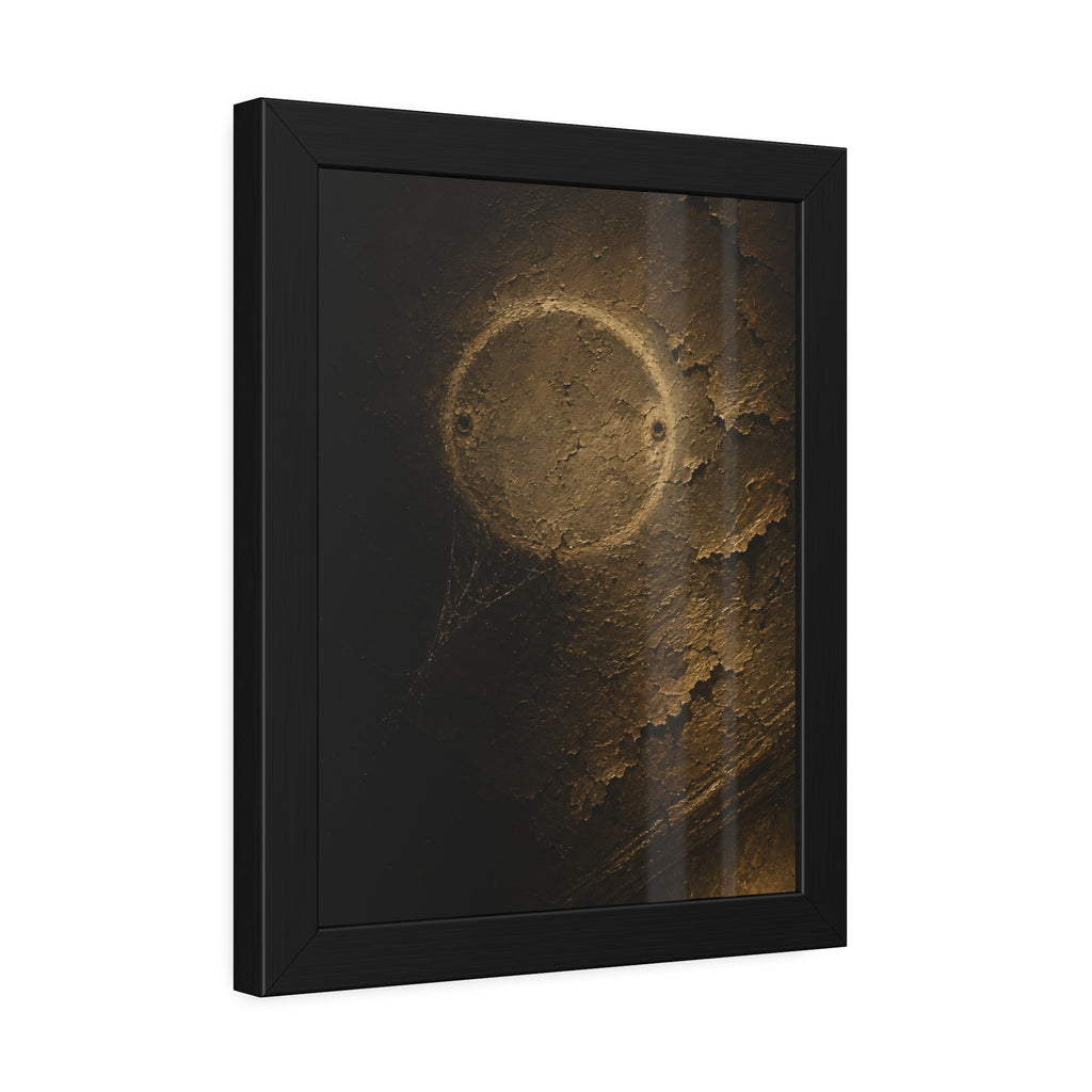 A pale ring and two screw holes on a peeling ceiling where a detector was. The Circle on the Ceiling by Garabaggio, framed fine art print hanging in a room.