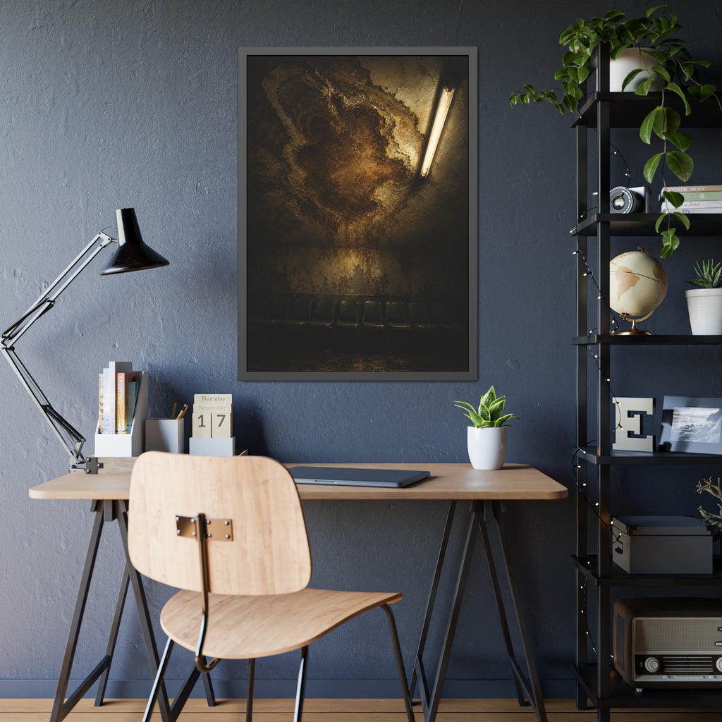 A brown water stain spreading across a ceiling above a row of chairs. The Stain Above the Row by Garabaggio, framed fine art print hanging in a room.