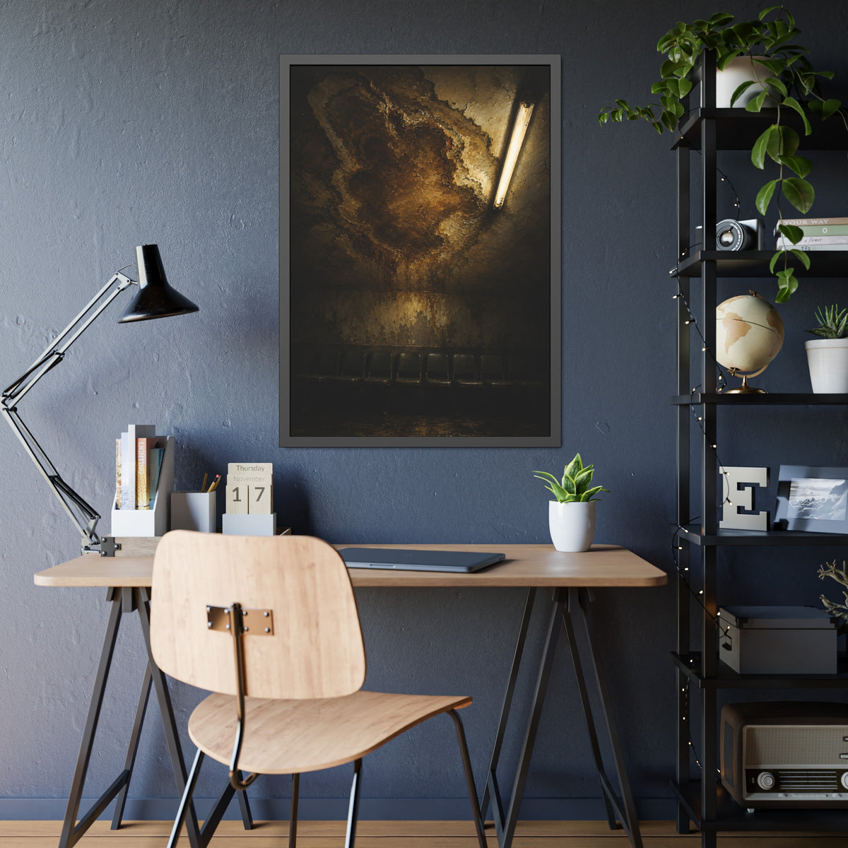 A brown water stain spreading across a ceiling above a row of chairs. The Stain Above the Row by Garabaggio, framed fine art print hanging in a room.