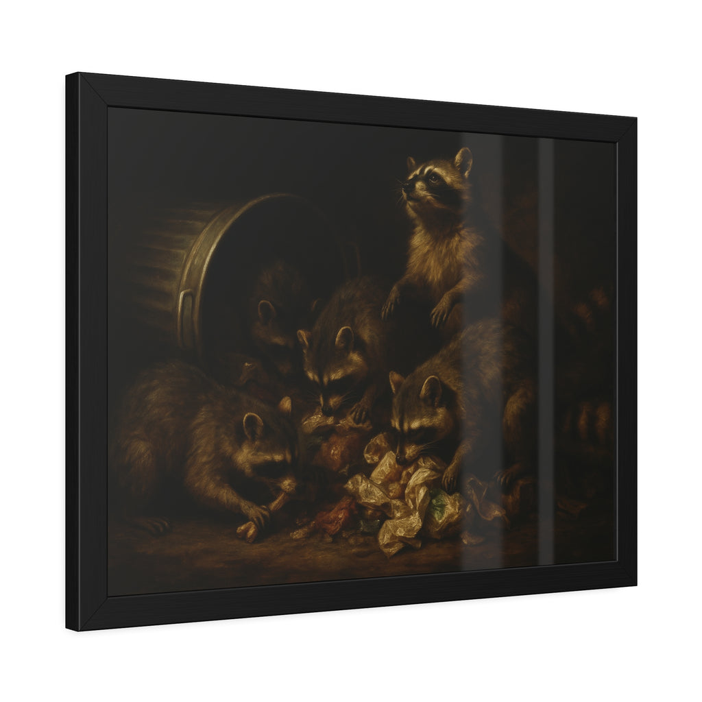 Five raccoons around a toppled metal trash can and spilled scraps. The Entombment of the Garbage by Garabaggio, framed fine art print hanging in a room.