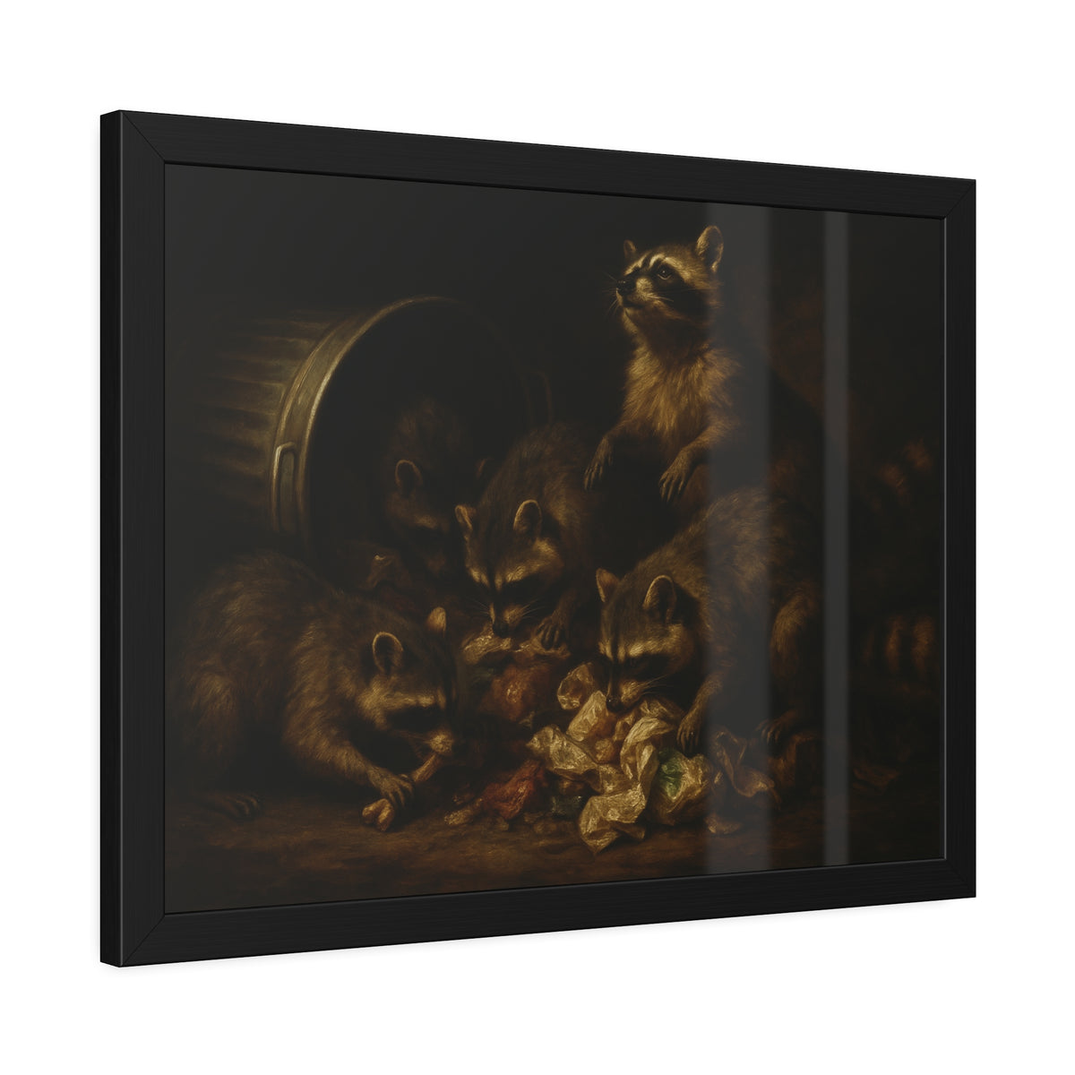 Five raccoons around a toppled metal trash can and spilled scraps. The Entombment of the Garbage by Garabaggio, framed fine art print hanging in a room.