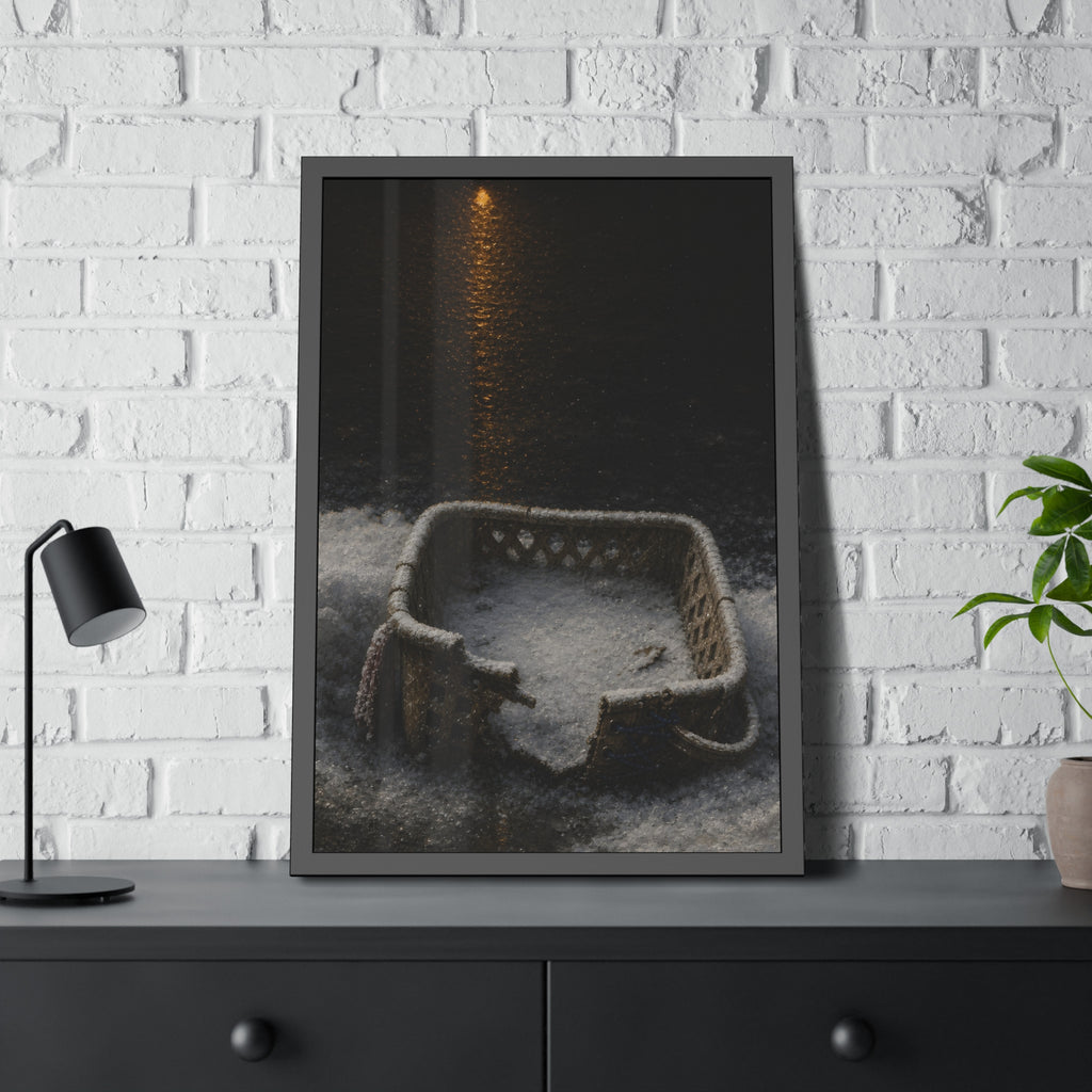 A cracked laundry basket half buried in snow under a distant lamp. The First Snow by Garabaggio, framed fine art print hanging in a room.