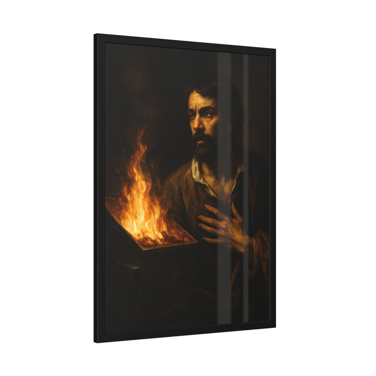Man with a hand flat on his chest looking toward a low burning bin. Self-Portrait with Oath by Garabaggio, framed fine art print hanging in a room.