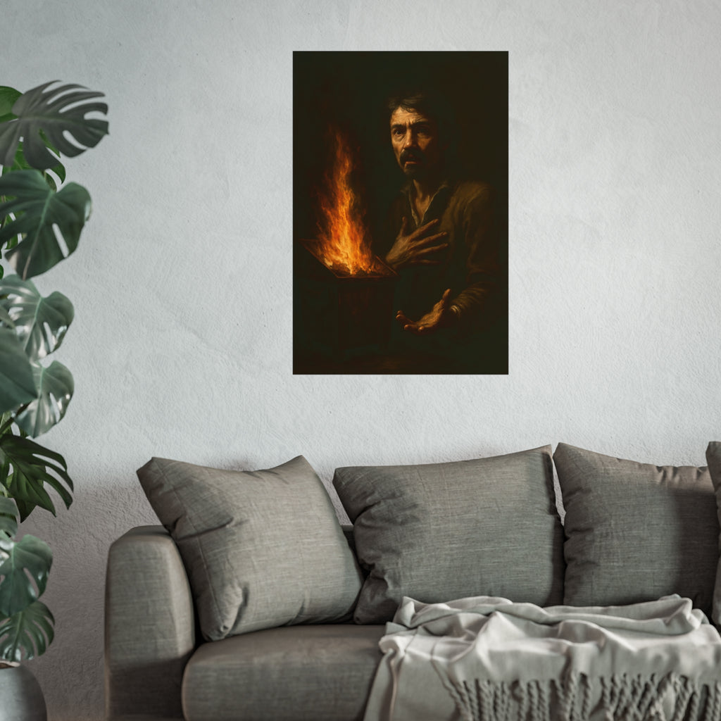 Man reaching an open palm toward a dumpster fire at his left. Self-Portrait as the Doubting Thomas by Garabaggio, fine art print hanging in a room.