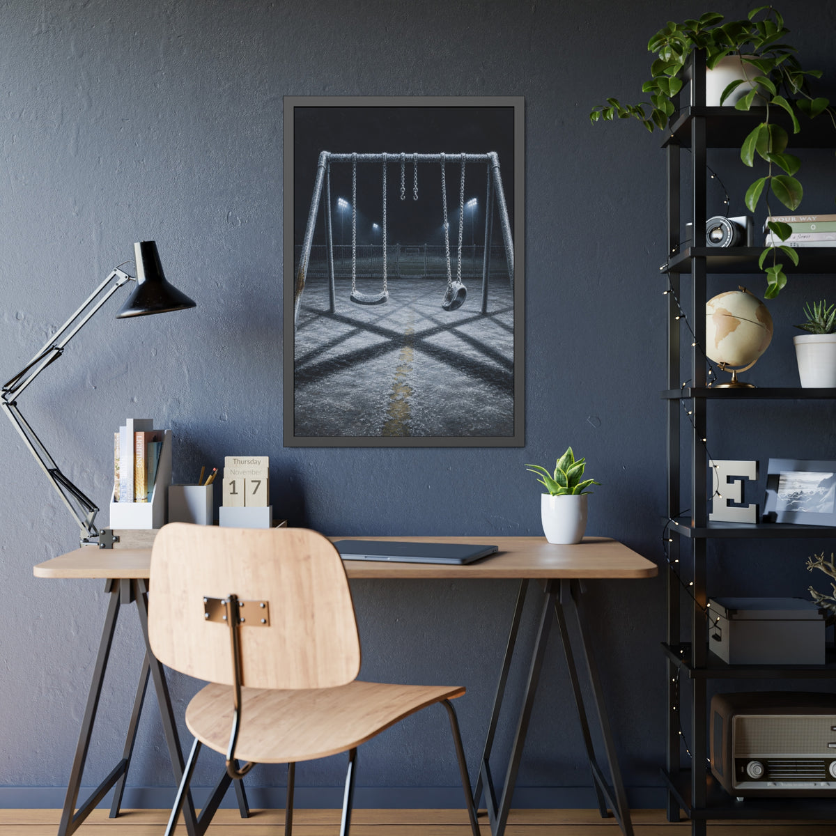 A frost covered swing set on empty asphalt under distant floodlights. The Third Hour: The Coldest Part by Garabaggio, framed fine art print hanging in a room.