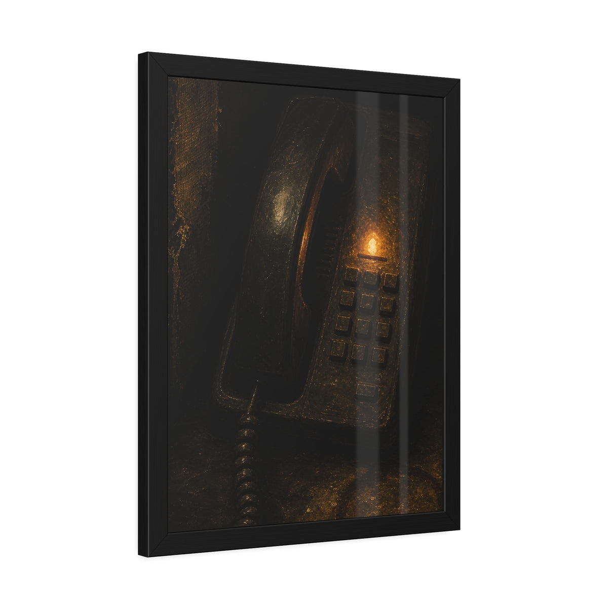 An old desk phone in the dark with one amber line light glowing. The First Ring by Garabaggio, framed fine art print hanging in a room.