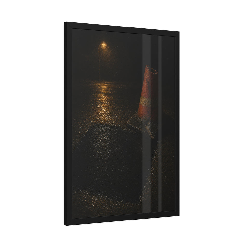 A traffic cone beside a fresh asphalt patch under a street lamp. The Sentinel After Repair by Garabaggio, framed fine art print hanging in a room.