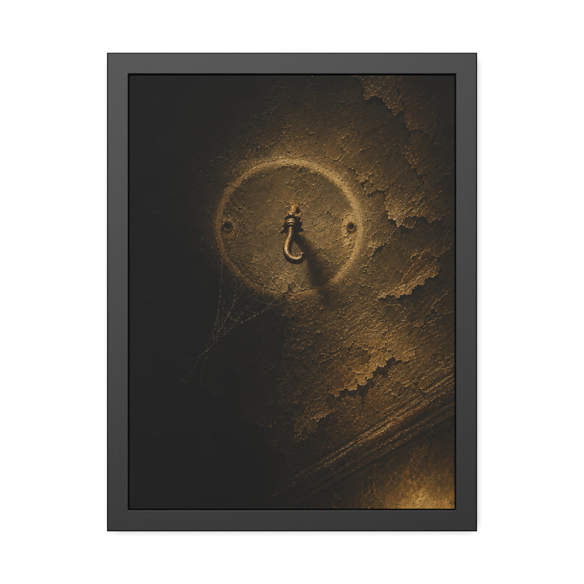 A small empty hook on a cracked ceiling, lit from one side. The Hook Without a Burden by Garabaggio, framed fine art print, 18″ x 24″.