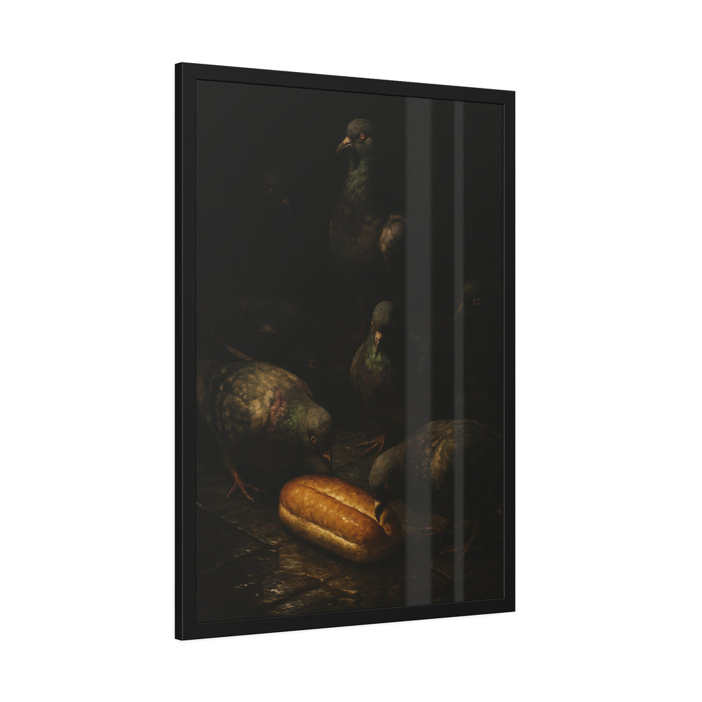 Pigeons crowding around a bread roll on dark stone paving. The Congregation at the Bun by Garabaggio, framed fine art print hanging in a room.
