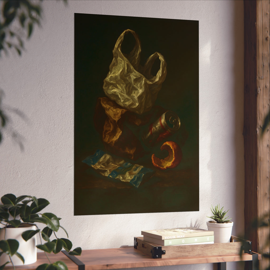 A plastic bag, crushed can and orange peel on a dim table. Still Life with Orange Peel and Resignation by Garabaggio, fine art print hanging in a room.