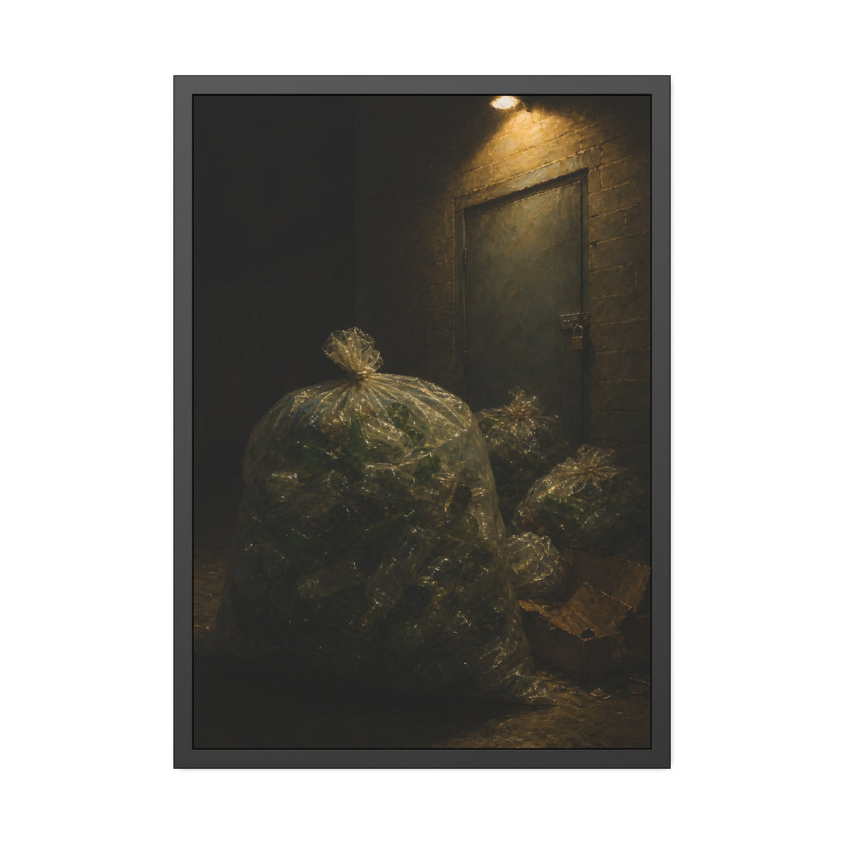 Clear bags of empty bottles piled by a padlocked door under a wall lamp. The Gathering of Empties by Garabaggio, framed fine art print, 28″ x 40″.