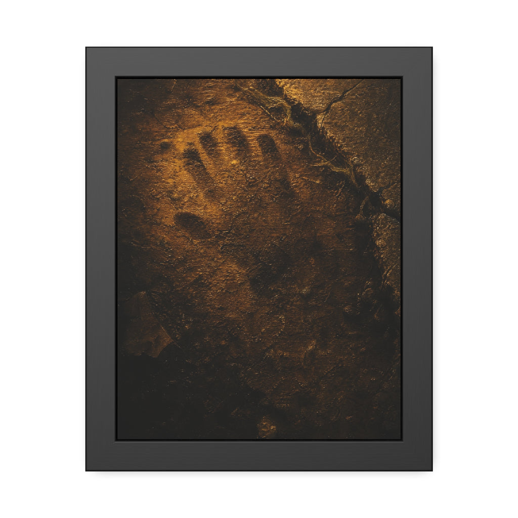 A glove shaped imprint left in cracked asphalt under warm light. The Assumption, or: What Remains by Garabaggio, framed fine art print, 11″ x 14″.