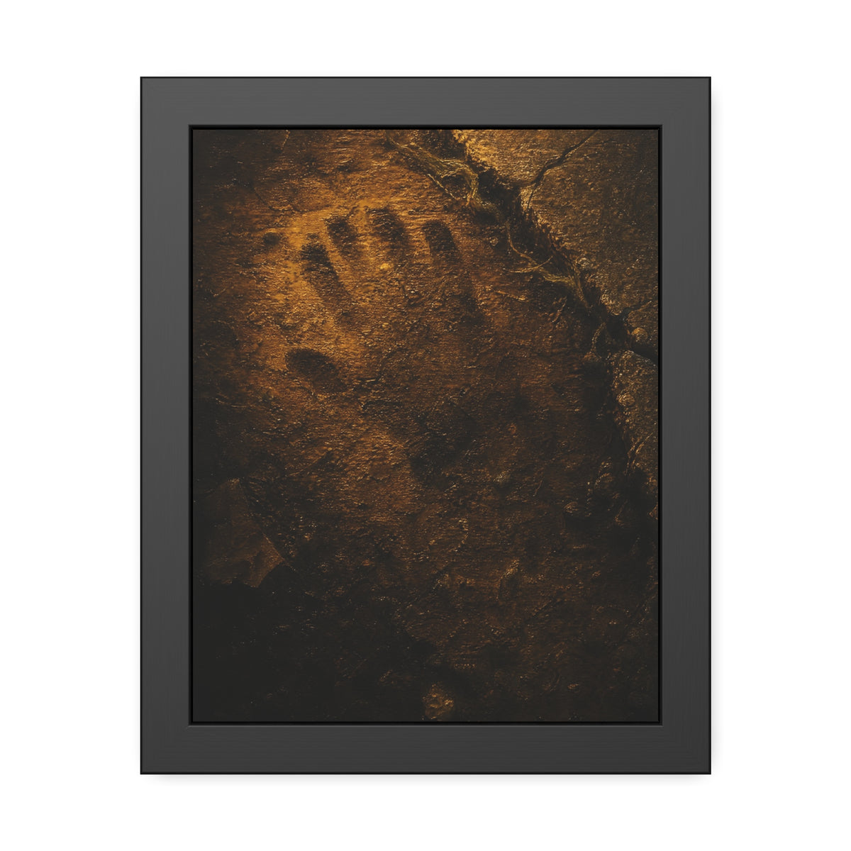 A glove shaped imprint left in cracked asphalt under warm light. The Assumption, or: What Remains by Garabaggio, framed fine art print, 11″ x 14″.