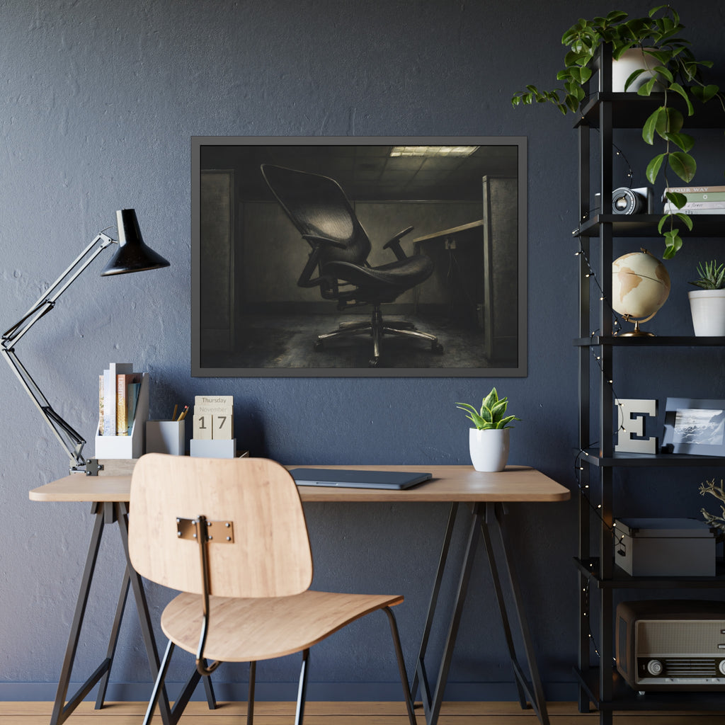 An office chair tilted back in an empty cubicle under one ceiling light. The Ergonomic Chair, Unlocked by Garabaggio, framed fine art print hanging in a room.