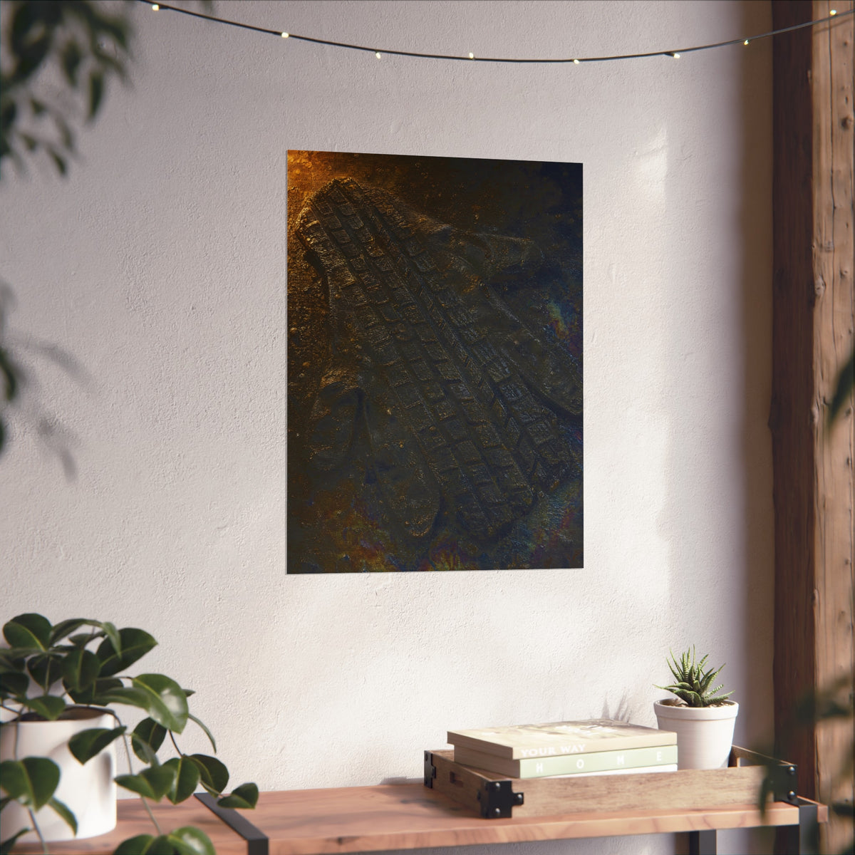 A flattened work glove on asphalt with a tire tread pressed across it. The Passage of the Wheel by Garabaggio, fine art print hanging in a room.