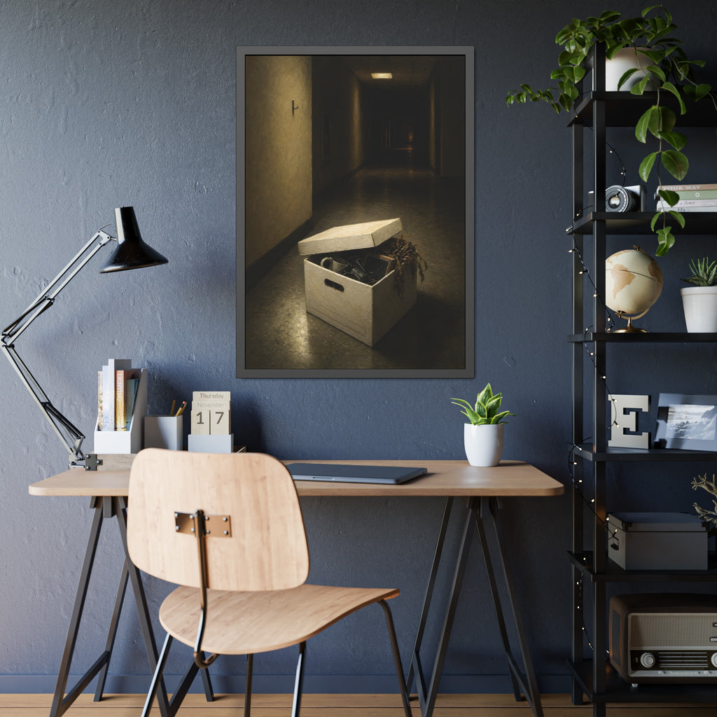 An open box of desk items on the floor of a dim office hallway. The Box of Personal Effects by Garabaggio, framed fine art print hanging in a room.