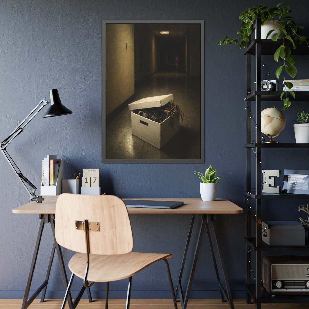 An open box of desk items on the floor of a dim office hallway. The Box of Personal Effects by Garabaggio, framed fine art print hanging in a room.