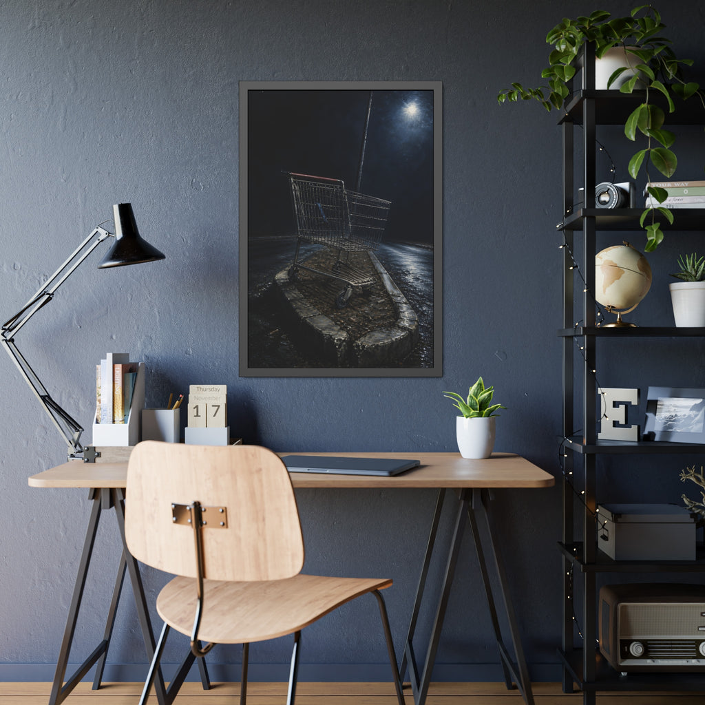 A shopping cart stranded on a stone median under a streetlight. The Crossing of the Median by Garabaggio, framed fine art print hanging in a room.