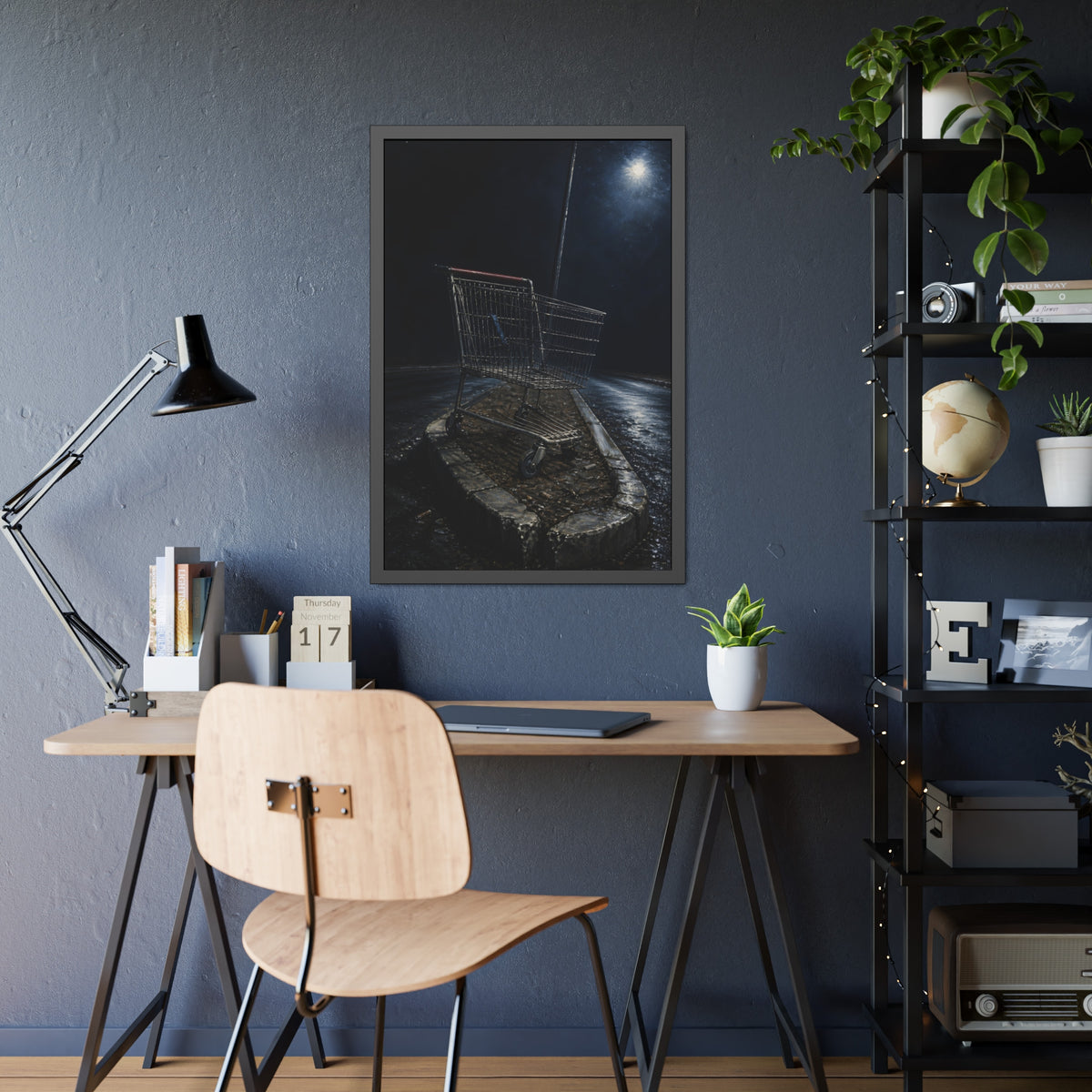 A shopping cart stranded on a stone median under a streetlight. The Crossing of the Median by Garabaggio, framed fine art print hanging in a room.