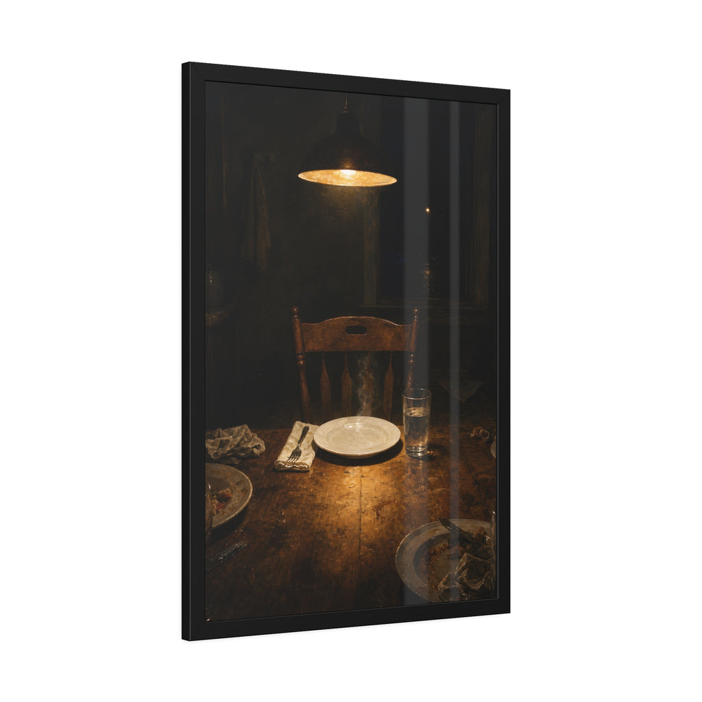 A clean plate and empty chair under a hanging lamp at a used dinner table. The Empty Seat at Dinner by Garabaggio, framed fine art print hanging in a room.
