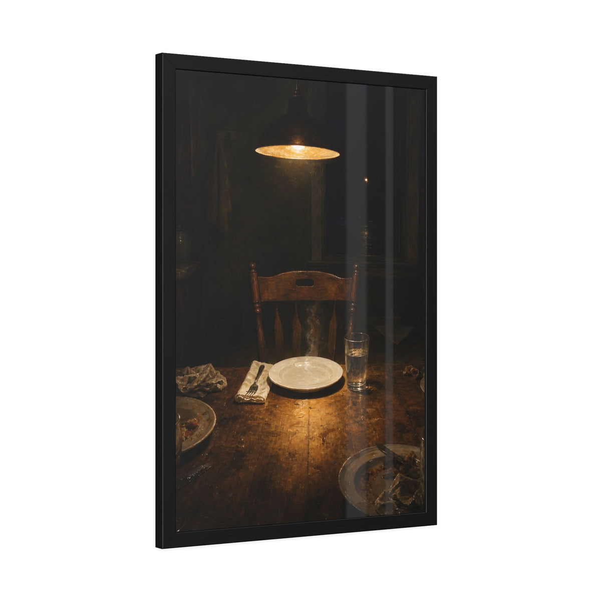 A clean plate and empty chair under a hanging lamp at a used dinner table. The Empty Seat at Dinner by Garabaggio, framed fine art print hanging in a room.