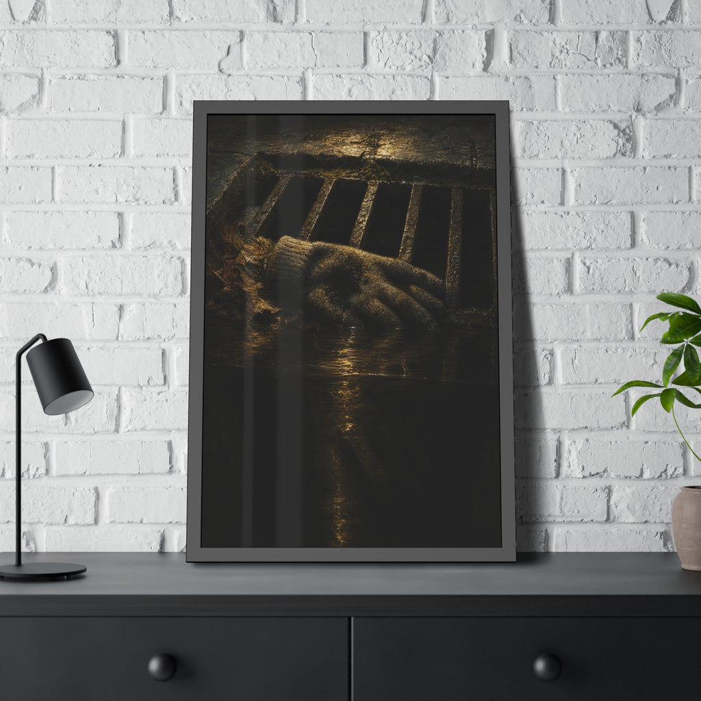 A single work glove on a storm drain grate above dark standing water. The Descent Into the Drain by Garabaggio, framed fine art print hanging in a room.