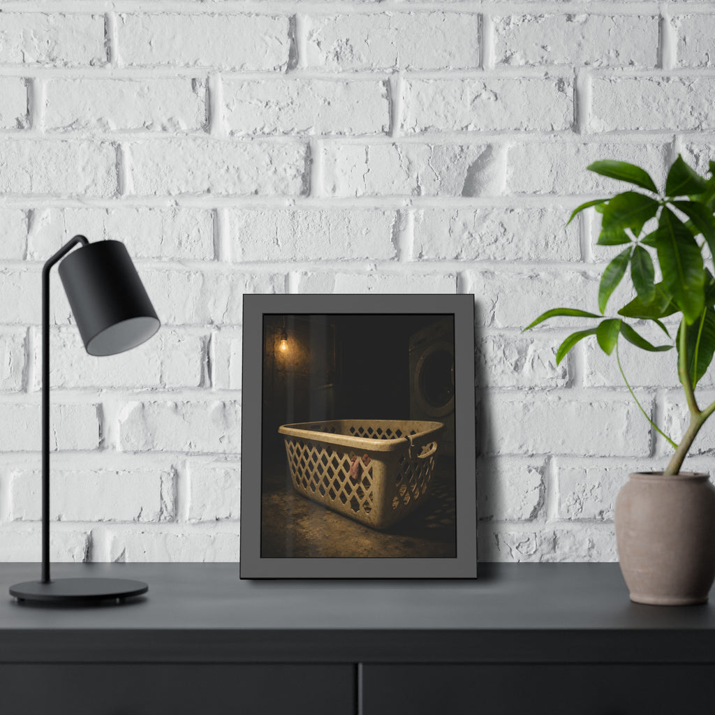 A plastic laundry basket on a basement floor under a bare hanging bulb. The First Split by Garabaggio, framed fine art print hanging in a room.