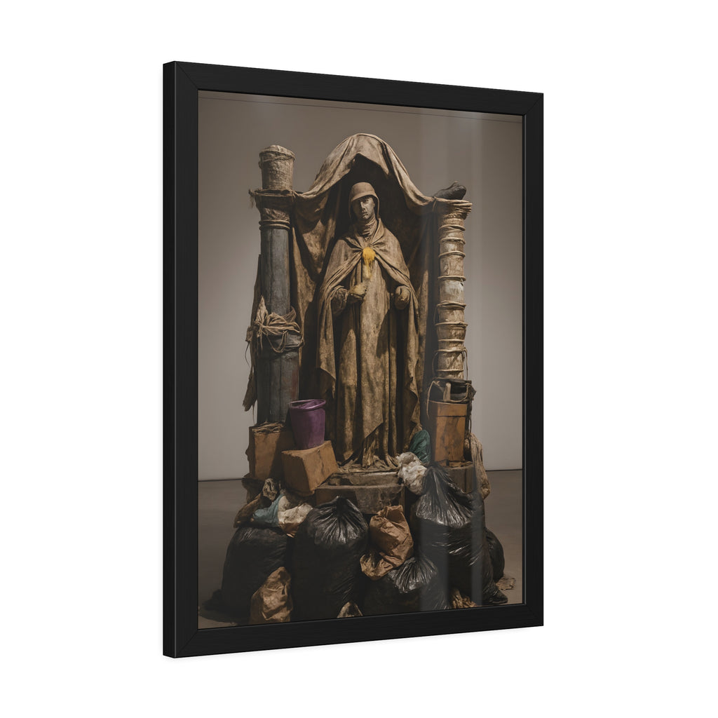 Draped standing figure under a canopy above a heap of black garbage bags. Saint Francis of the Black Bag by Garabaggio, framed fine art print hanging in a room.