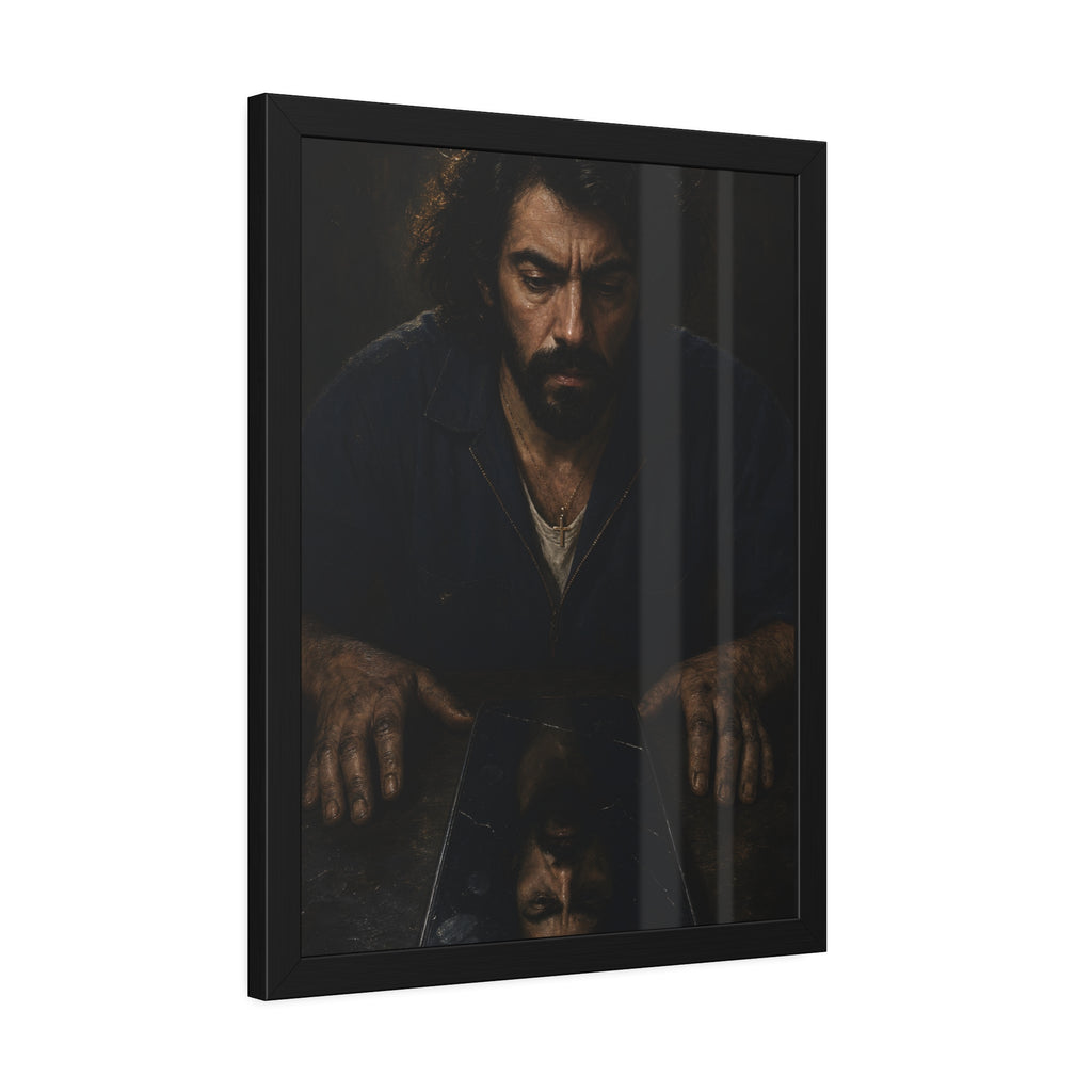 A bearded man in coveralls looking down at his face in a cracked screen. The Mirror After Midnight by Garabaggio, framed fine art print hanging in a room.