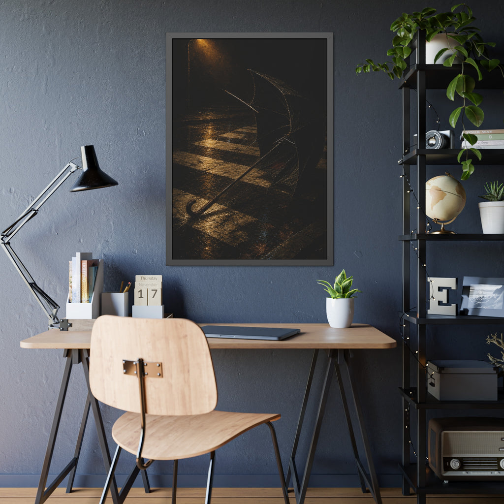 A blown out umbrella lying on wet checkered pavement under a street lamp. The Taking by the Wind by Garabaggio, framed fine art print hanging in a room.