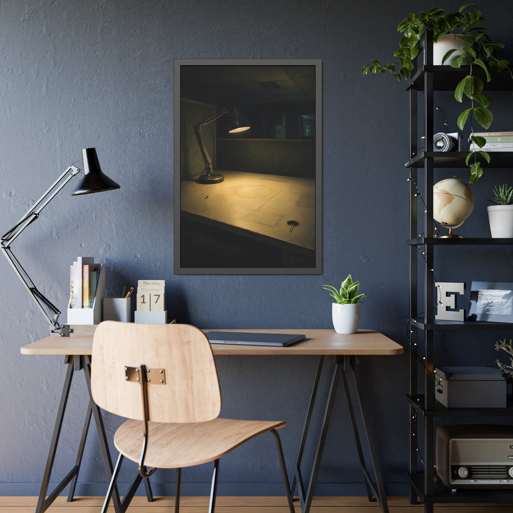 A lit desk lamp on an emptied office desk at night. The Desk Lamp Still Warm by Garabaggio, framed fine art print hanging in a room.