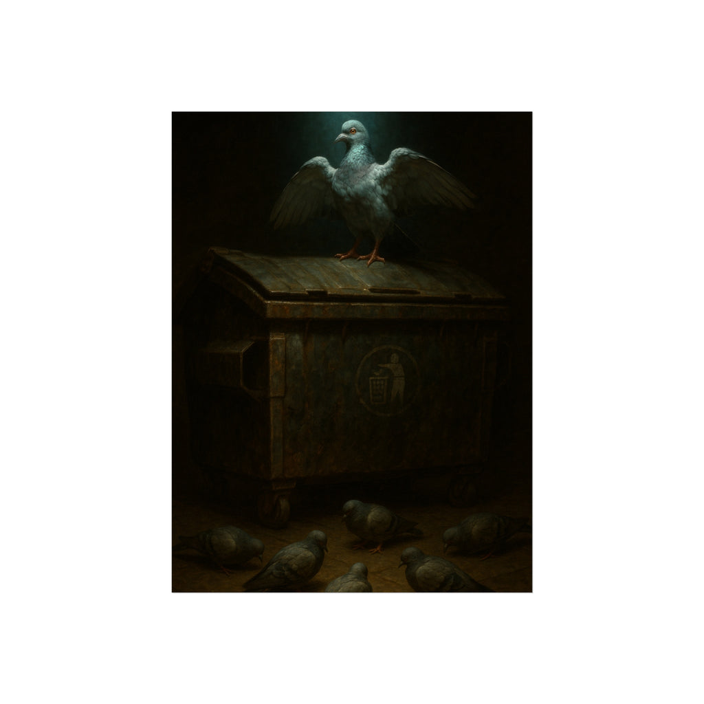 A pigeon with wings spread on a rusted dumpster lid. The Beatification of the Common Pigeon by Garabaggio, fine art print hanging in a room.
