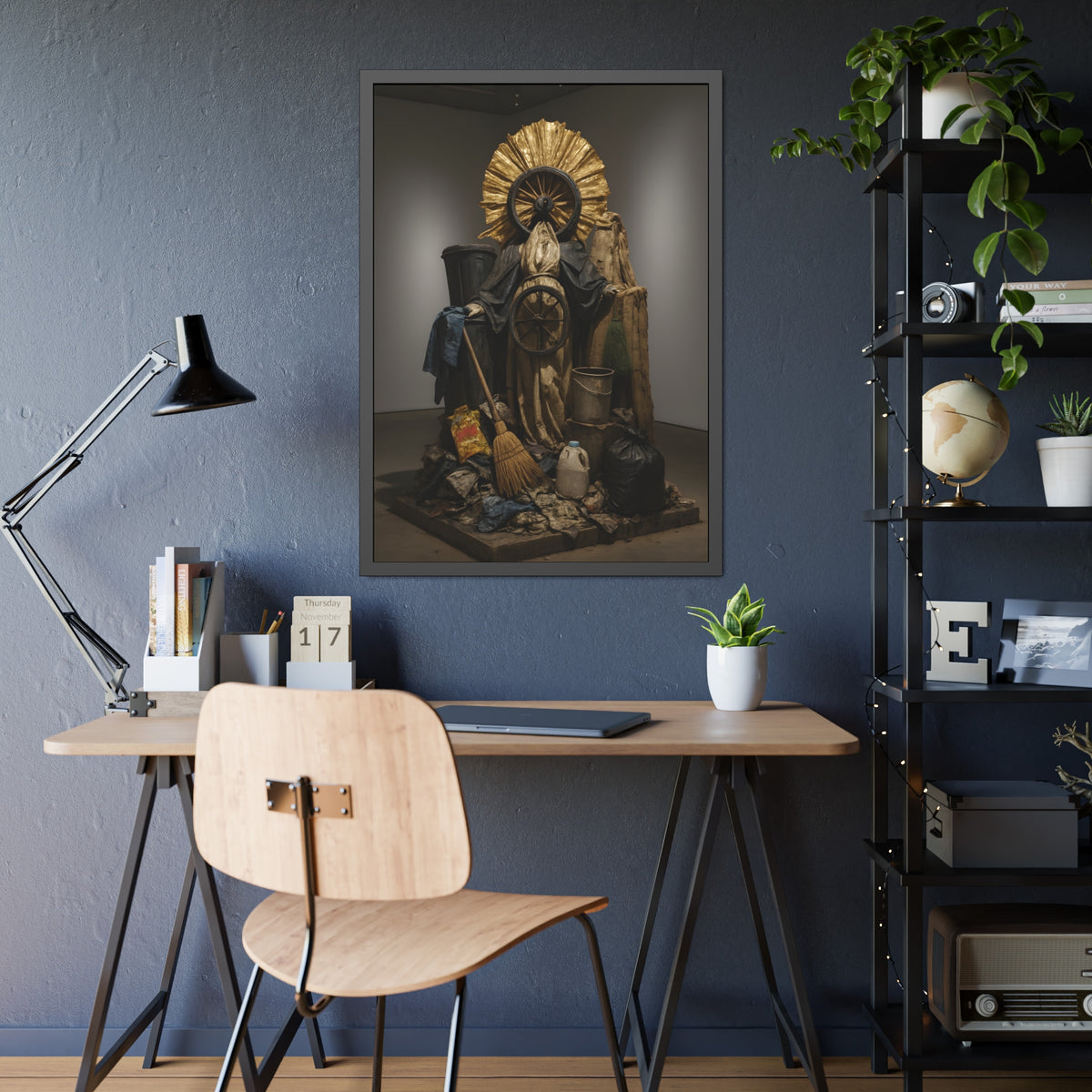 A draped figure with cart wheels above heaped trash. The Martyrdom of Saint Catherine of the Cartwheel by Garabaggio, framed fine art print hanging in a room.