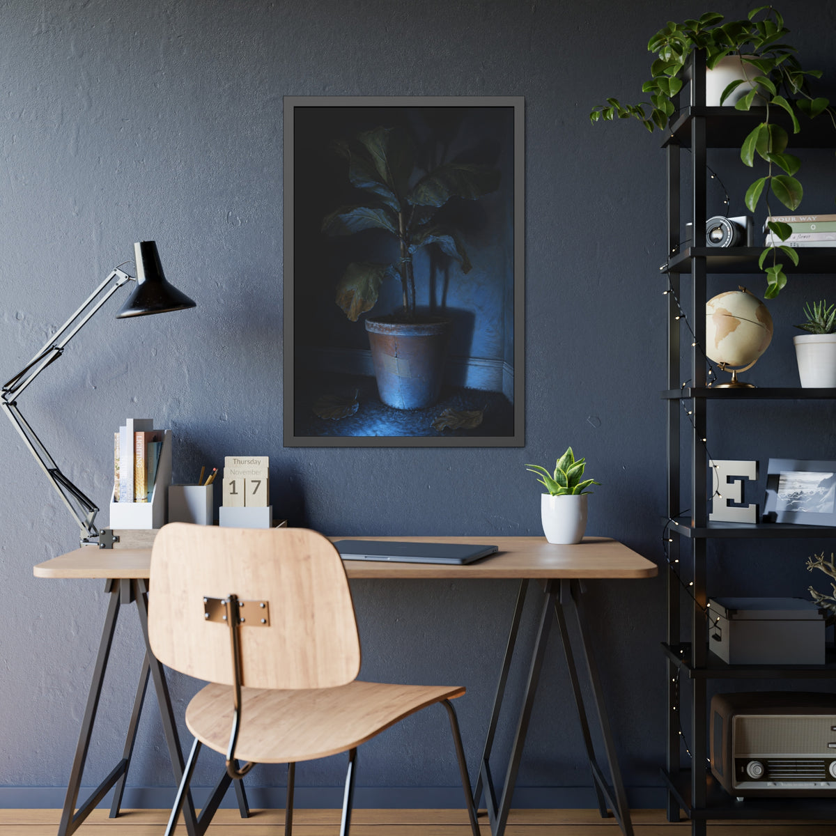 A dying potted plant in a corner washed in blue television light. The Television Hours by Garabaggio, framed fine art print hanging in a room.