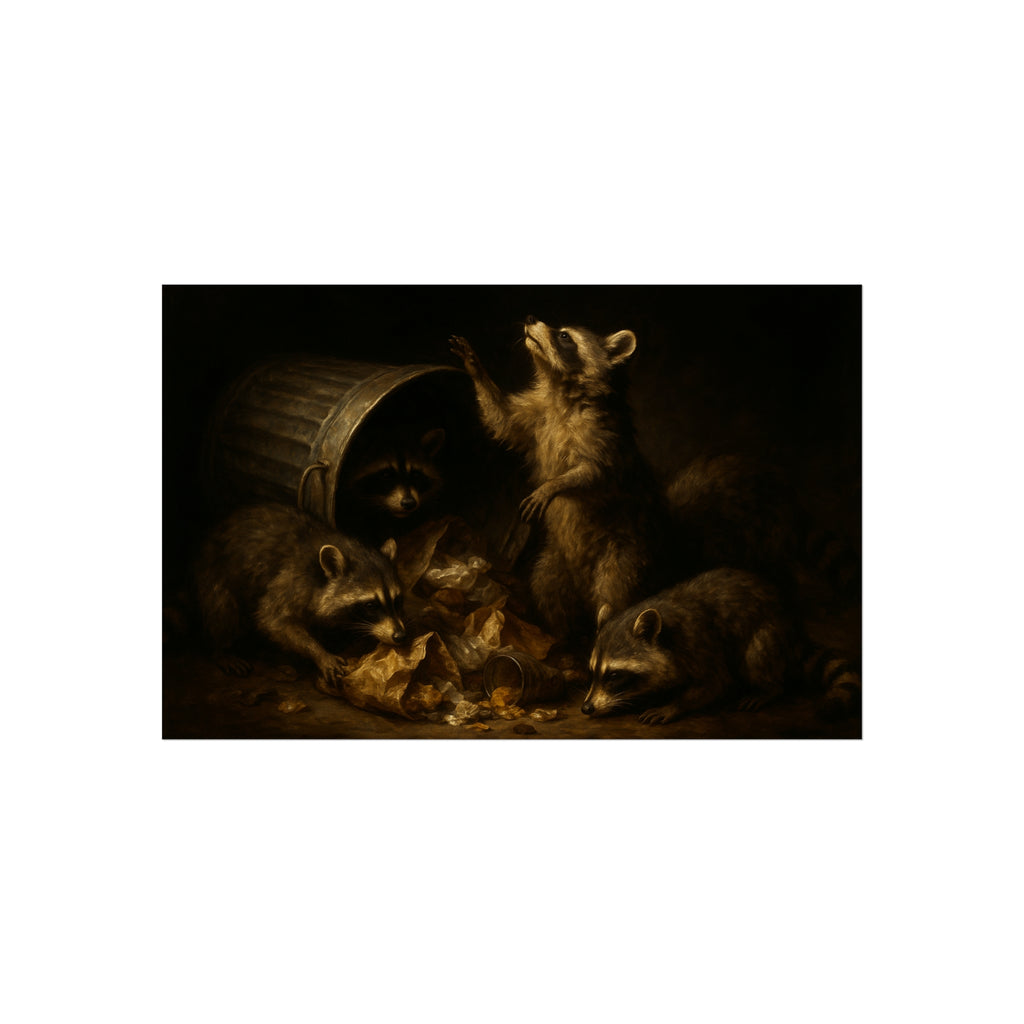 Raccoons around a fallen trash can, one rearing up with a raised paw. The Supper of Shadows by Garabaggio, fine art print hanging in a room.